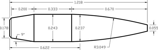 Diagram of 6mm .243 caliber 103 Grain BTHP